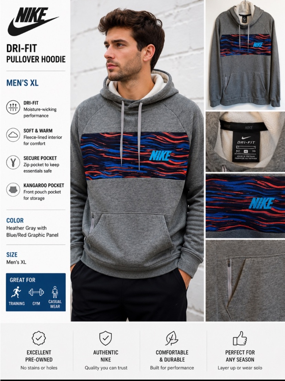 Nike Dri-FIT Graphic Pullover Hoodie Men’s XL Gray Blue Red Athletic Sweatshirt